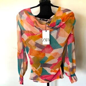 Zara Orange Graphic Long Sleeve Blouse